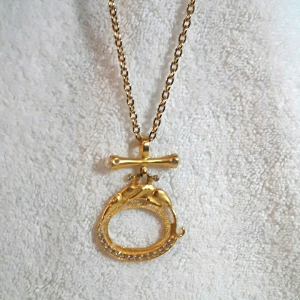 Gold long chain necklace.